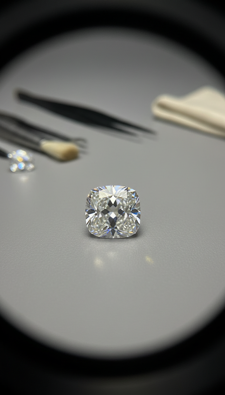 A single loose cushion-cut diamond viewed through a jeweler’s loupe, on a neutral surface, no jewelry or metal setting visible, with tools subtly blurred in background, studio lighting