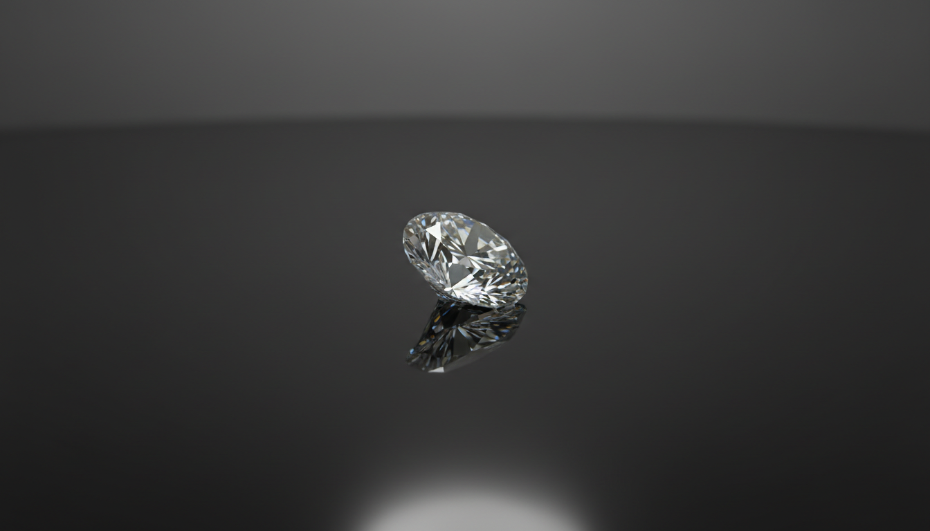 A single loose round brilliant-cut diamond displayed on a reflective dark surface, no ring or metal setting, refined studio lighting, luxurious yet minimal