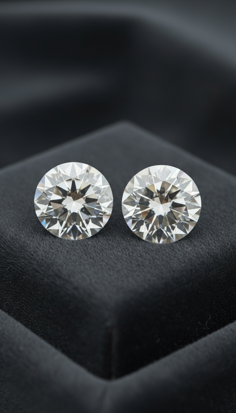 A close-up of a pair of loose round brilliant-cut diamonds side-by-side on a soft dark surface, no earring mount or metal visible, soft diffused lighting, upscale and modern