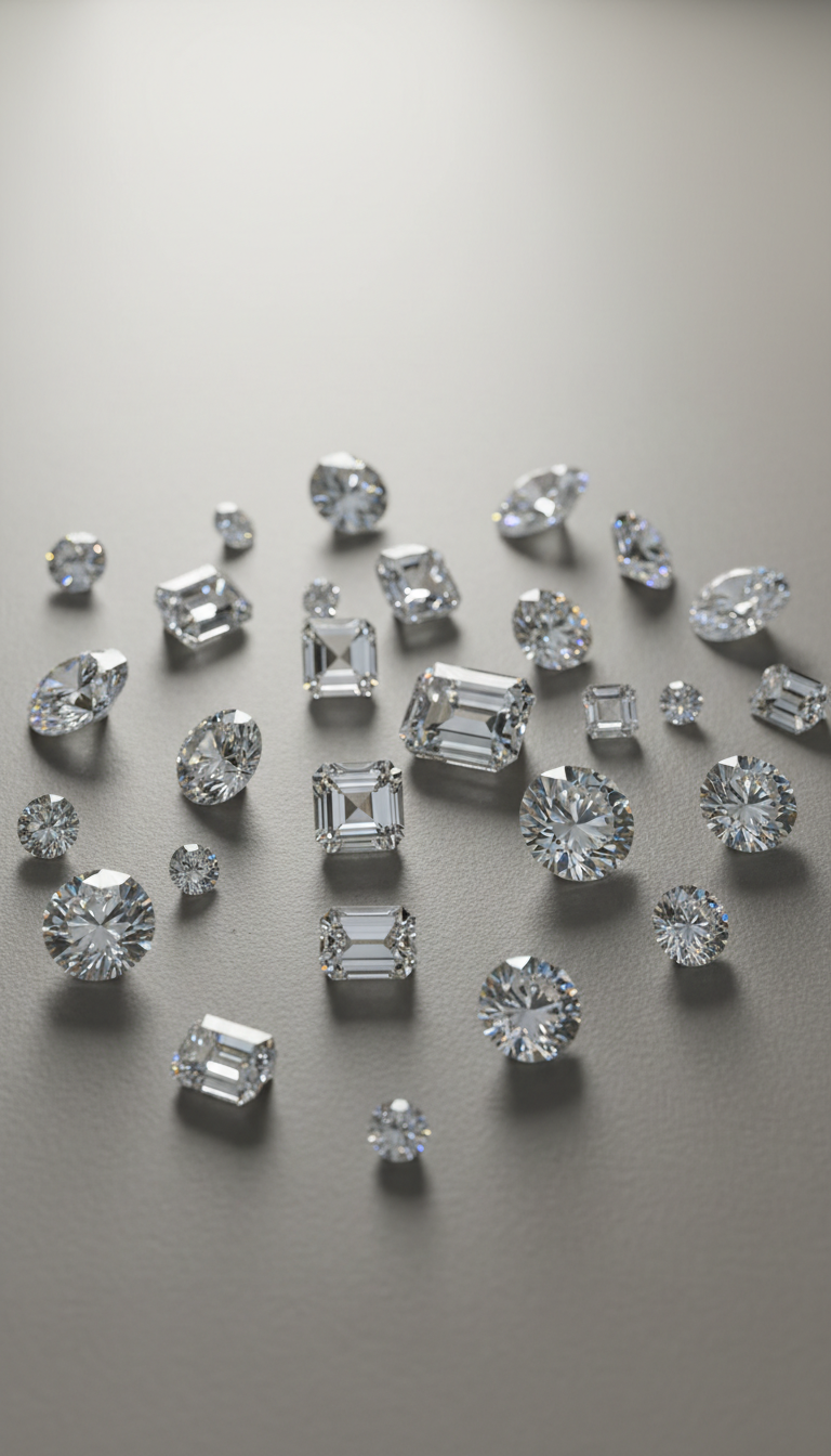 A small scattered arrangement of loose diamonds on a neutral surface, showing different sizes and cuts, no jewelry settings, clean and bright studio photography